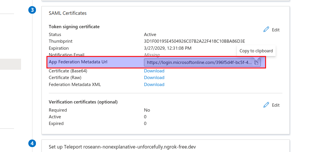 Entra copy metadata URL