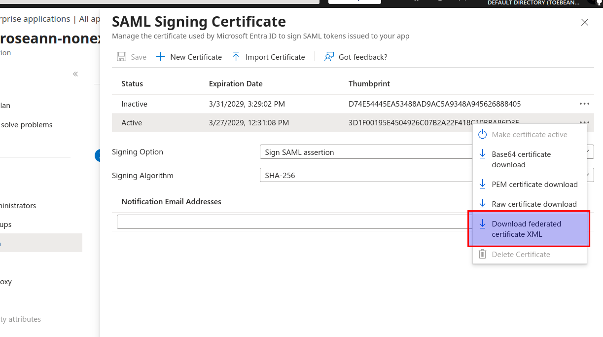 Entra download metadata XML